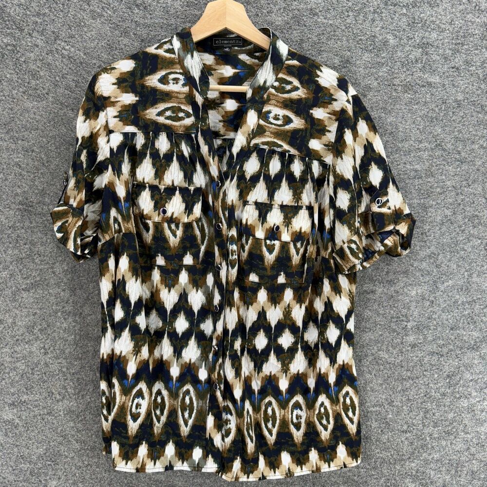 Elementz Shirt Women 1X Plus Brown Geometric Button Up V-Neck Short Sleeve